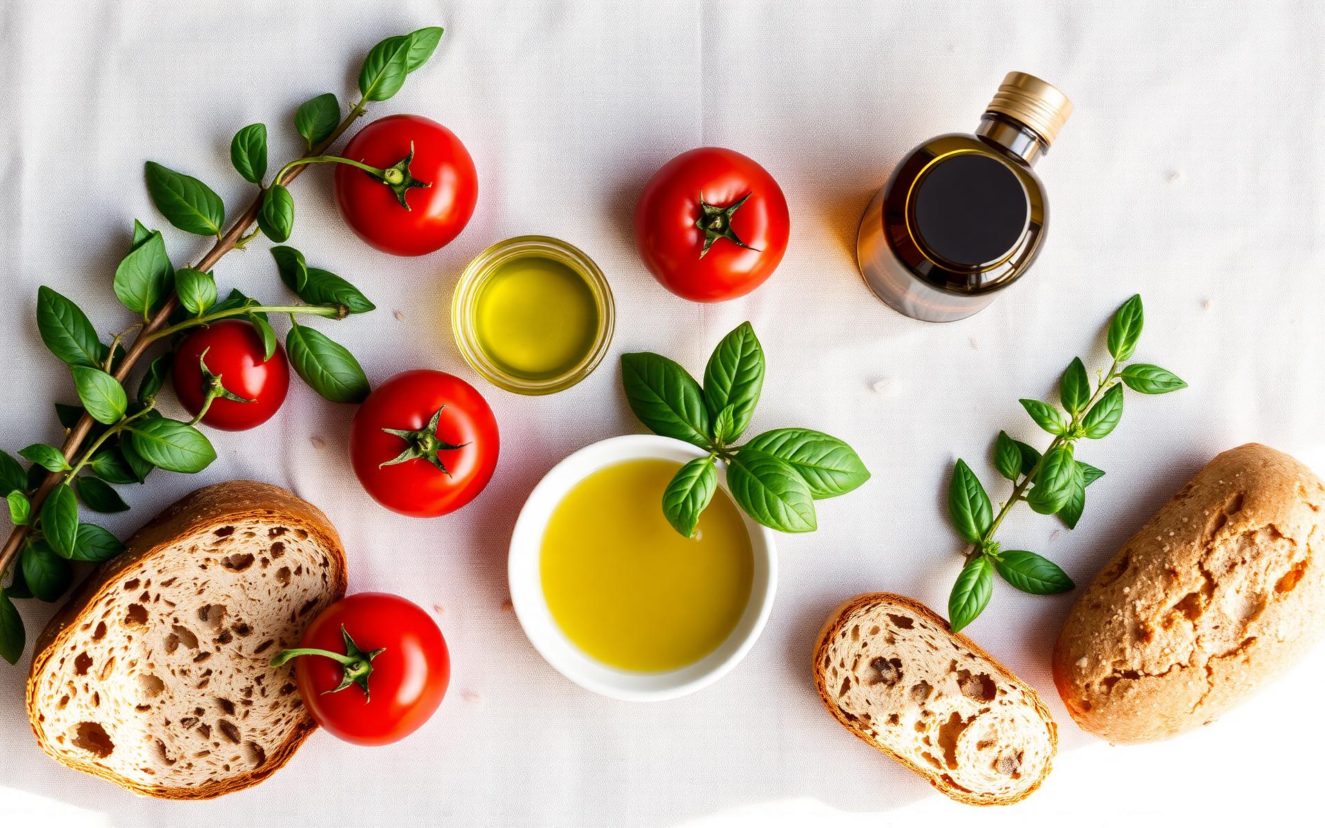 Mediterrane Zutaten mit Olivenöl, Tomaten und Brot