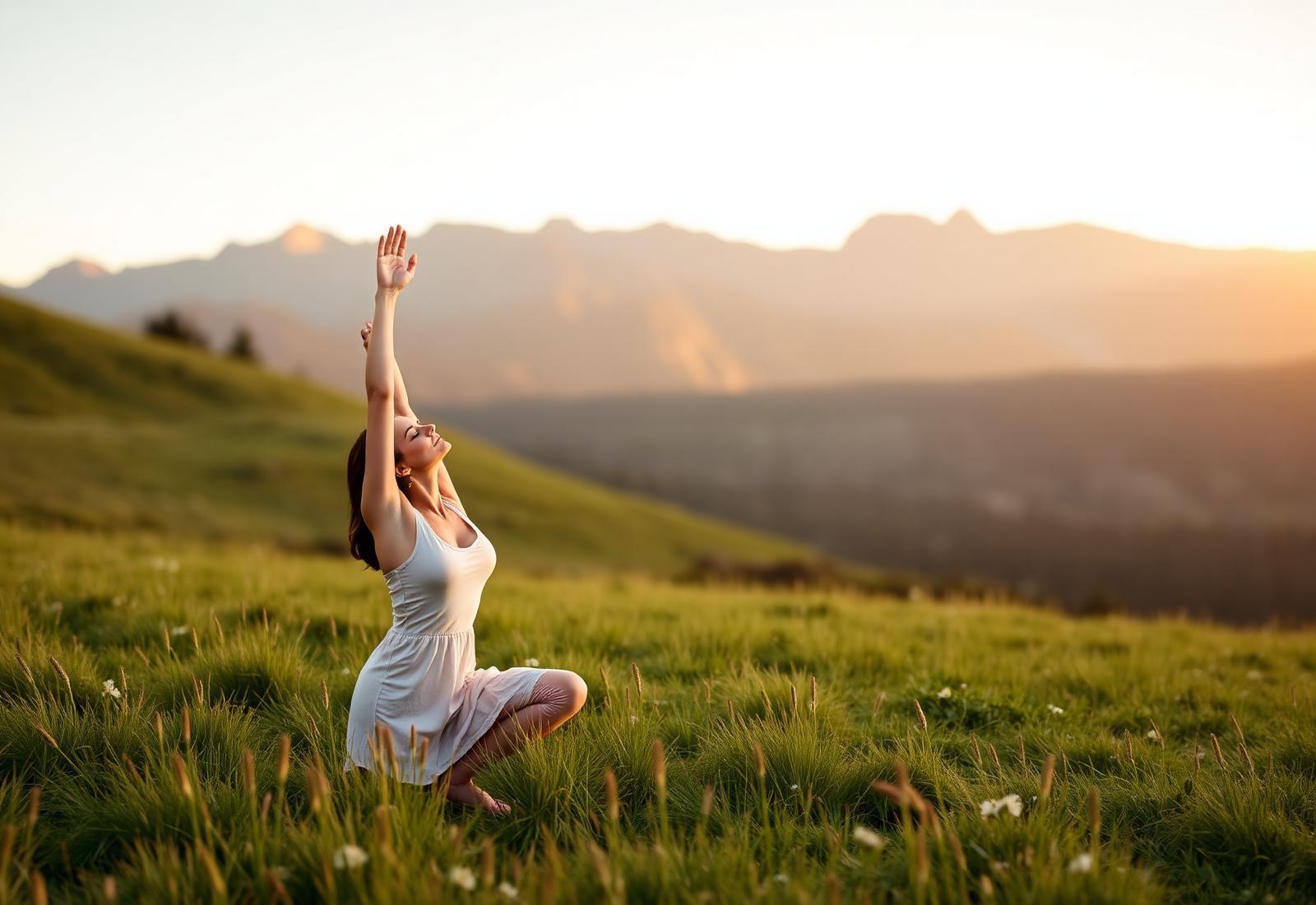 Frau macht Yoga auf einer Almwiese bei Sonnenaufgang